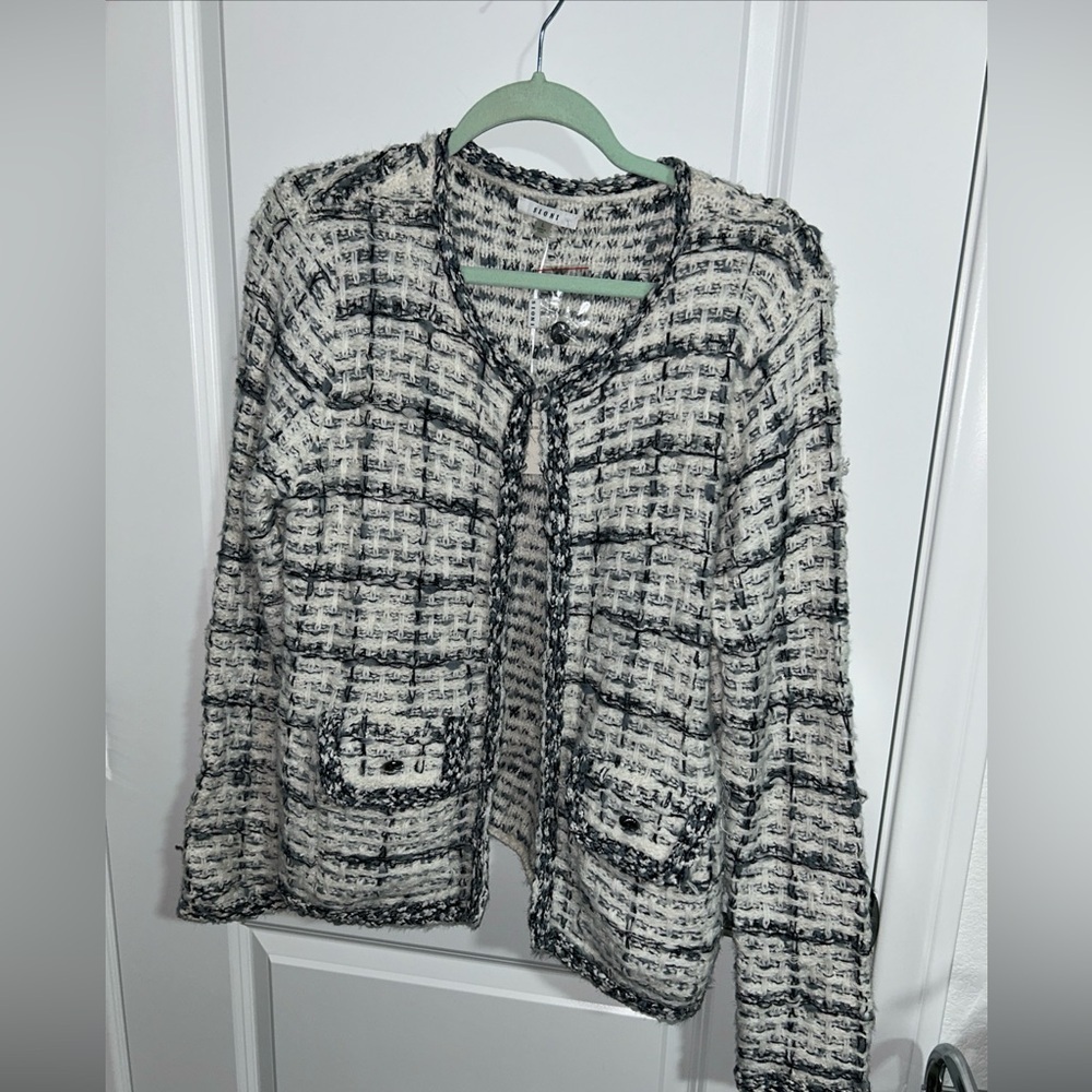 NWT Sioni White Blue Bouclé Cardigan Blazer Jacket Size Large